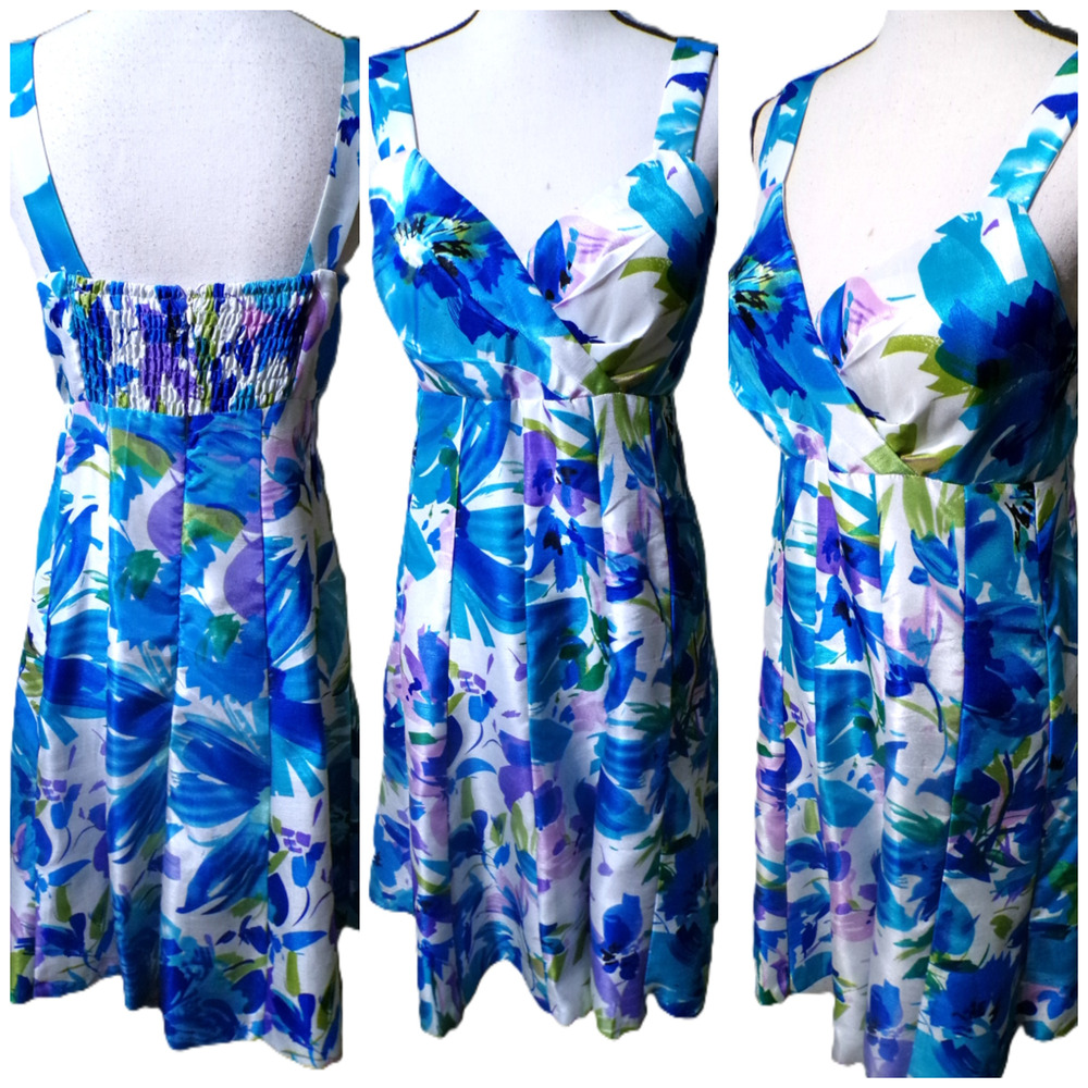 Y2k R&K Babydoll Dress 6 Small Blue Purple Floral Satin smocked Fairy Whimsy vtg